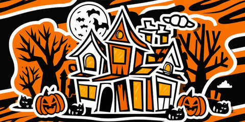Halloween background vector illustration with haunted house, pumpkins and trees 