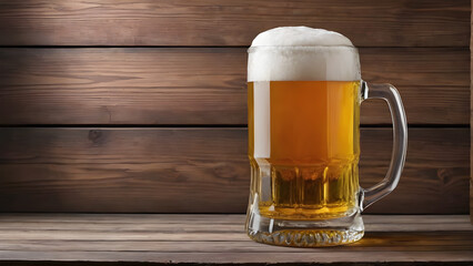 a beer mug on a wooden background.copy space