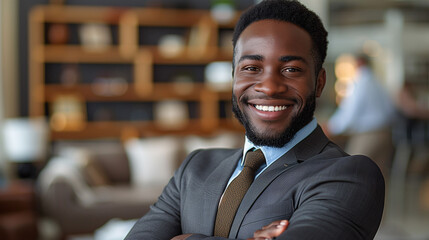 Confident African American businessman smiling in office setting.
