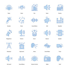 Sound and Noise vector icons set such as, ound waves, volume control, speaker, headphones, audio symbol, stock illustration