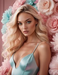 The model, blonde bombshell, poses in front of a wall of pink and red roses. She wears a baby blue dress that frames her curves.