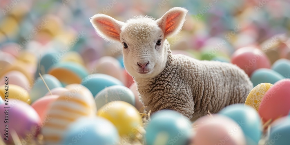 Poster a lamb standing in a field filled with colorful easter eggs, creating a unique and festive scene.