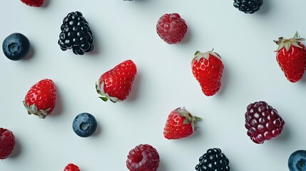 Assorted Fresh Berries Laid Out Neatly on Light Background, Perfect for Healthy Eating Concepts....
