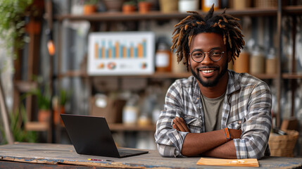 Smiling young entrepreneur with laptop in a modern rustic office space. - obrazy, fototapety, plakaty