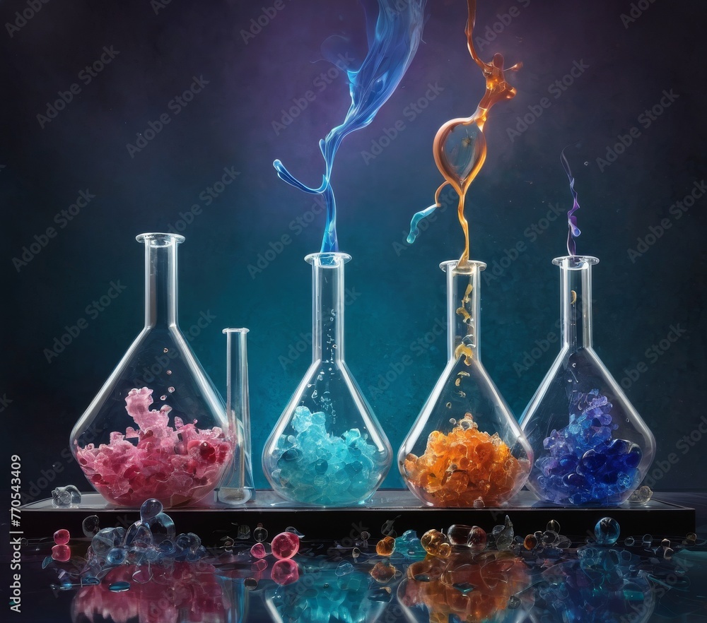 Poster artistic chemistry set with colorful vapors escaping from flasks. the scene captures the essence of 