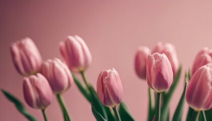 Pink tulips bloom against a pastel pink backdrop, evoking spring's fresh allure.