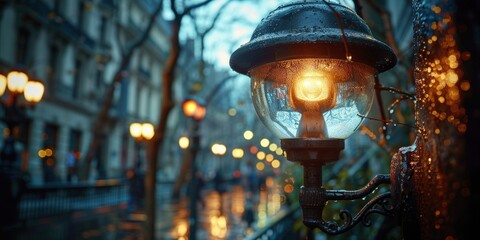 A street light casting light on a city street at night, providing visibility and safety for...