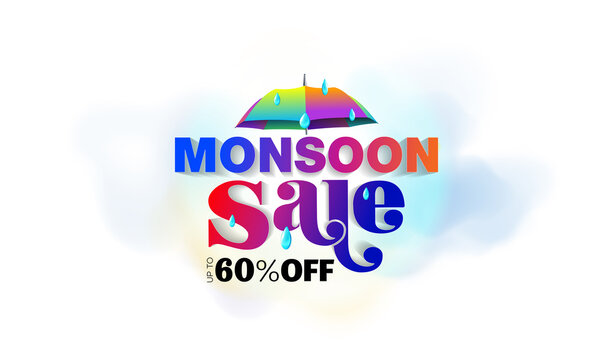 Monsoon sale banner deal offer logo website advertisement with umbrella and cloud background.