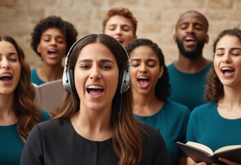 Enthusiastic group of people singing together in a choir.