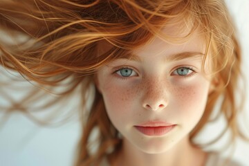 Naklejka premium Close up portrait of young girl with freckles and windblown hair A natural and carefree beauty captured in motion