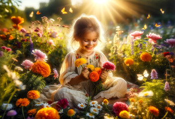 a happy child sits on a flower meadow