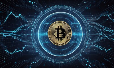 Bitcoin gleams at the heart of a pulsating digital network. This illustrates the lively and ever-changing world of digital finance. AI generation