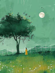 A large green tree with lush grass. AI generative