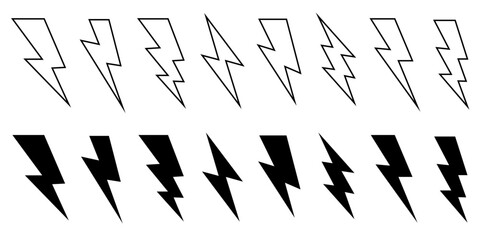 Set of black lightning bolt. Thunderbolt flat style vector illustration isolated on white background. - obrazy, fototapety, plakaty