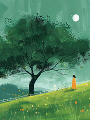 A large green tree with lush grass. AI generative