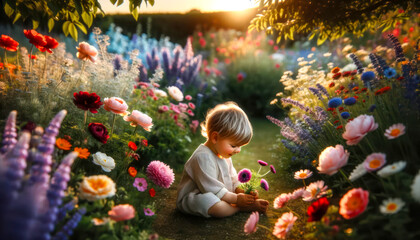 a happy child sits on a flower meadow
