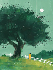 A large green tree with lush grass. AI generative