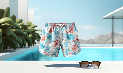 Swimming trunks with sunglasses and pineapple on the edge of a swimming pool - obrazy, fototapety, plakaty