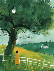 A large green tree with lush grass. AI generative