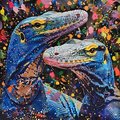 Vibrant AI-Generated Artwork of Two Dinosaurs Amidst a Colorful Backdrop. Abstract, Eye-Catching...