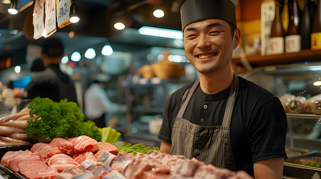 A smiling male butcher in a black apron presents fresh meat cuts at a well-lit traditional market