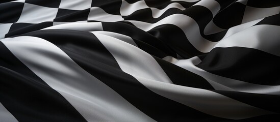 A detailed closeup shot of a monochrome checkered flag fluttering in the wind, showcasing the bold pattern in black and white - obrazy, fototapety, plakaty