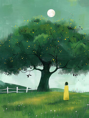 A large green tree with lush grass. AI generative