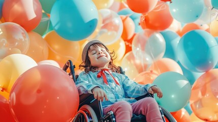 Fototapeta na wymiar happy child with disability in a wheelchair among multi-colored balloons enjoying life and smiling