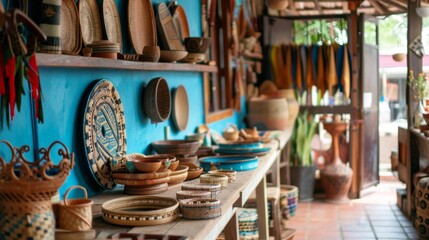 Traditional Handicrafts Displayed at a Rustic Market Stall - obrazy, fototapety, plakaty