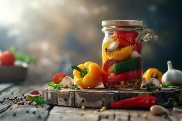 pickled sweet peppers in jars on a wooden brown table - obrazy, fototapety, plakaty