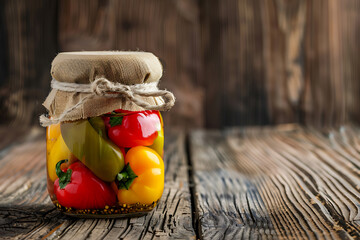 pickled sweet peppers in jars on a wooden brown table