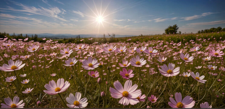 A natural and serene scenery of a colorful flower meadow in full bloom. A fresh and natural image of a colorful flower field filled with pink and white cosmos blooms on a sunny day with blue sky