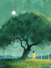 A large green tree with lush grass. AI generative