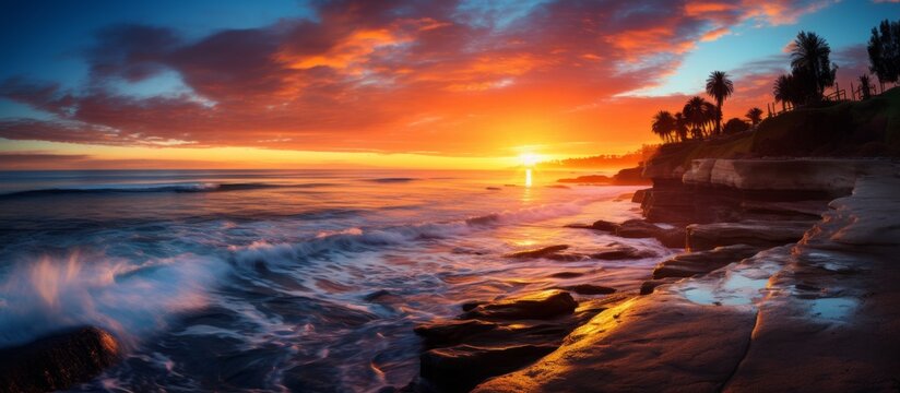 A gorgeous sunset painting the sky with hues of orange and pink over the tranquil water, as waves gently crash on the shore creating a peaceful atmosphere