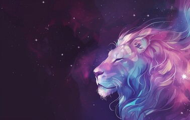 Surreal Neon Lion Head in Galactic Vista, Astrology-Themed Digital Art, Interstellar Background