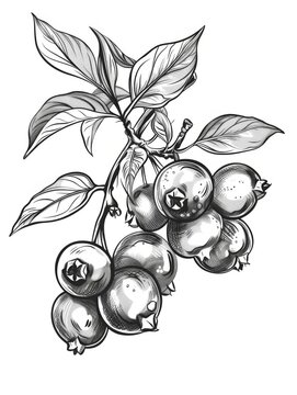 Image shows a detailed line drawing of blueberries on the branch with leaves. Illustration isolated on a white background. It can be used for design, posters, and recipe books.