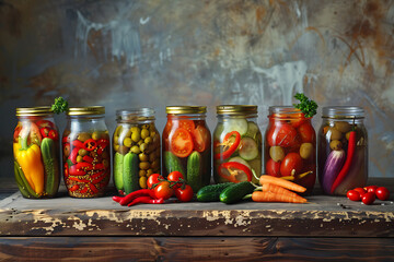 set pickled cucumbers tomatoes sweet peppers olives and in jars on a wooden brown table