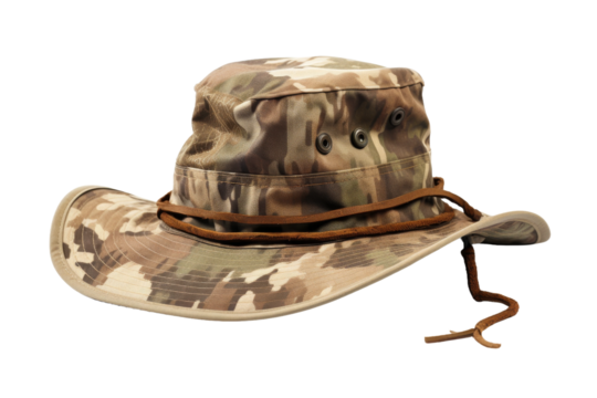 Camo Hat With Brown Cord Outdoors. On a White or Clear Surface PNG Transparent Background.