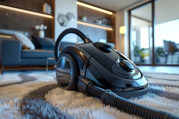 top view of a vacuum cleaner vacuuming a carpet in a modern living room - obrazy, fototapety, plakaty