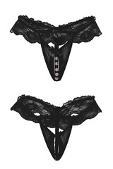 Detail shot of black panties with lace and beads. Sexy lingerie is isolated on the white background. Front and back views. 