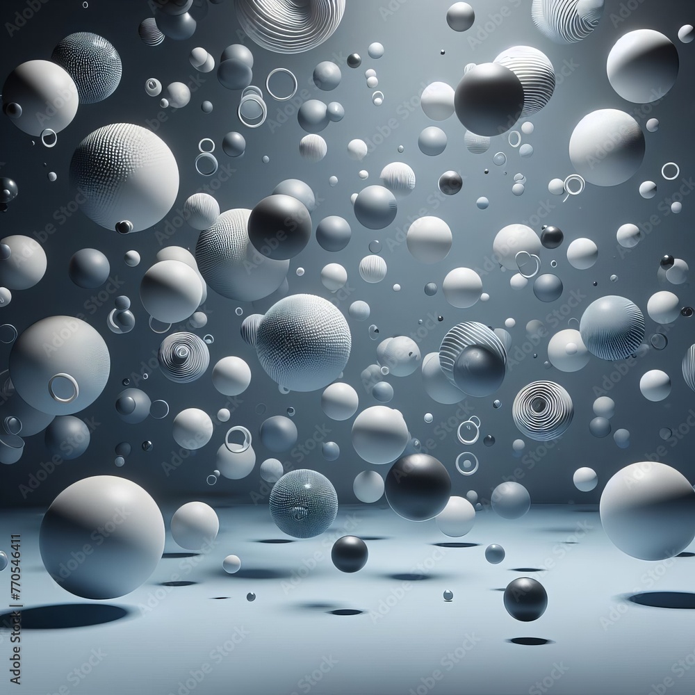 Poster a fantastical array of spheres float in a monochromatic space, creating a hypnotic and surreal atmos