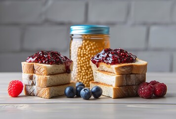 Delicious toasts wtih raspberry blueberry and strawberry jam