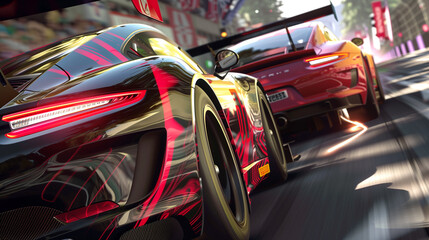 close-up view of speeding cars, vibrant colors, and determined drivers, car racing video game
