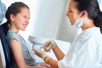 Child, checkup and smile for dentist, teeth whitening or oral healthcare for cleaning with patient....