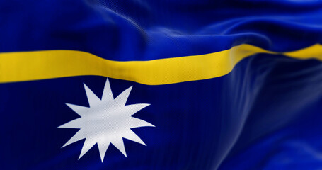 Close-up of Nauru national flag waving in the wind - 770546653