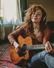 In a serene corner of her living room, a young woman with a joyful expression plays her guitar,...