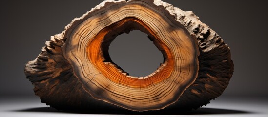An artistic still life photograph featuring a piece of wood with a perfectly circular hole in the center placed on a table. The natural material and symmetry create a visually intriguing composition - obrazy, fototapety, plakaty