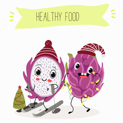 Cute characters pitaya, dragon fruit, pitahaya with different activities. Flat vector illustration, funny fruits. Smiling mascot for kids menu decoration.