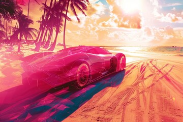 Fototapeta na wymiar Palm beach dreamscape: A risograph print fuses a sleek supercar with a sun-drenched palm beach road. Captured with an ultra-wide lens, the double exposure exudes a futuristic vision of paradise
