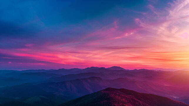 A breathtaking view of a mountain range at sunset with vibrant colors painting the sky.